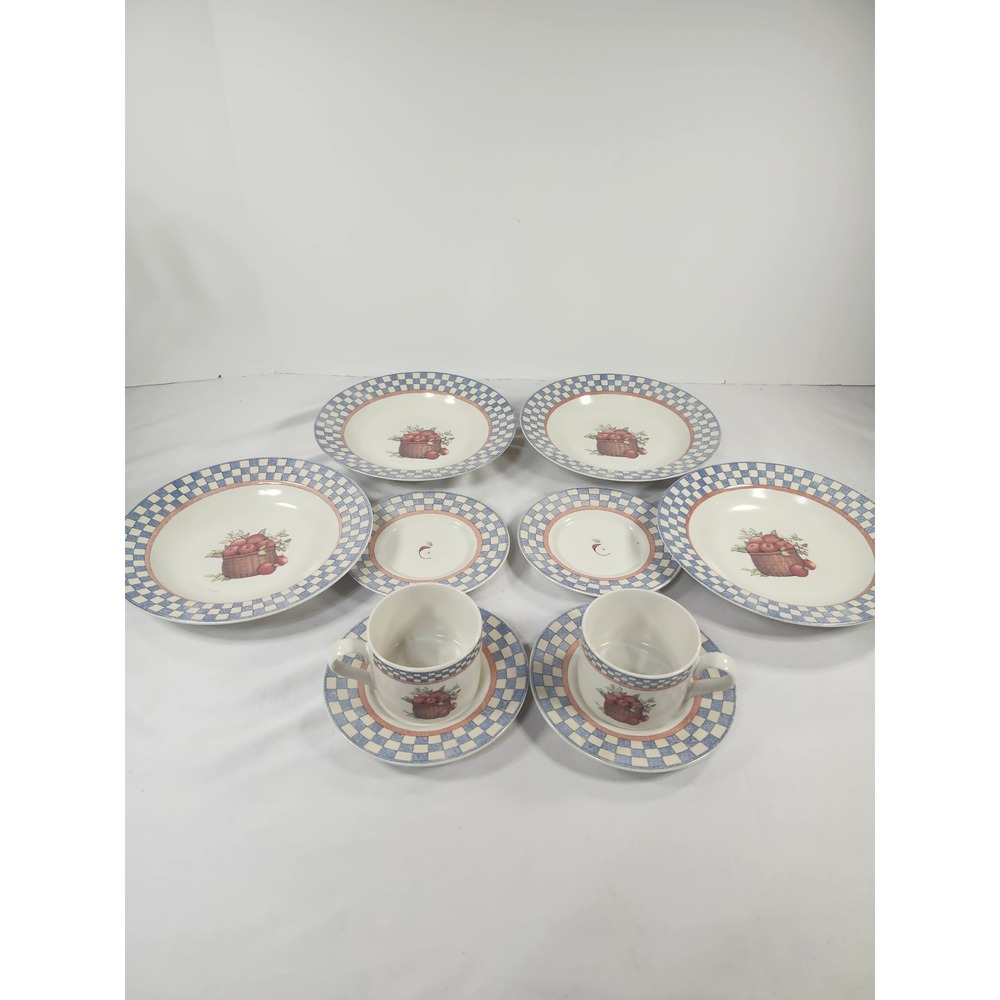 International Tableworks Apple Basket Susan Winget Stoneware Set Blue Checkered